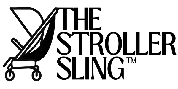 Logo of 'The Stroller Sling' with a silhouette of a stroller with a toddler hammock attached.