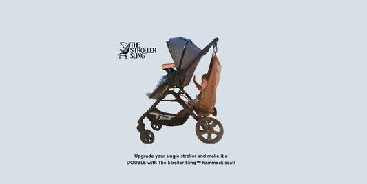 Two toddlers in a single stroller. One of them is in The Stroller Sling toddler hammock in the color brown. Text says "Upgrade your single stroller and make it into a DOUBLE with "The Stroller Sling" Hammock Seat