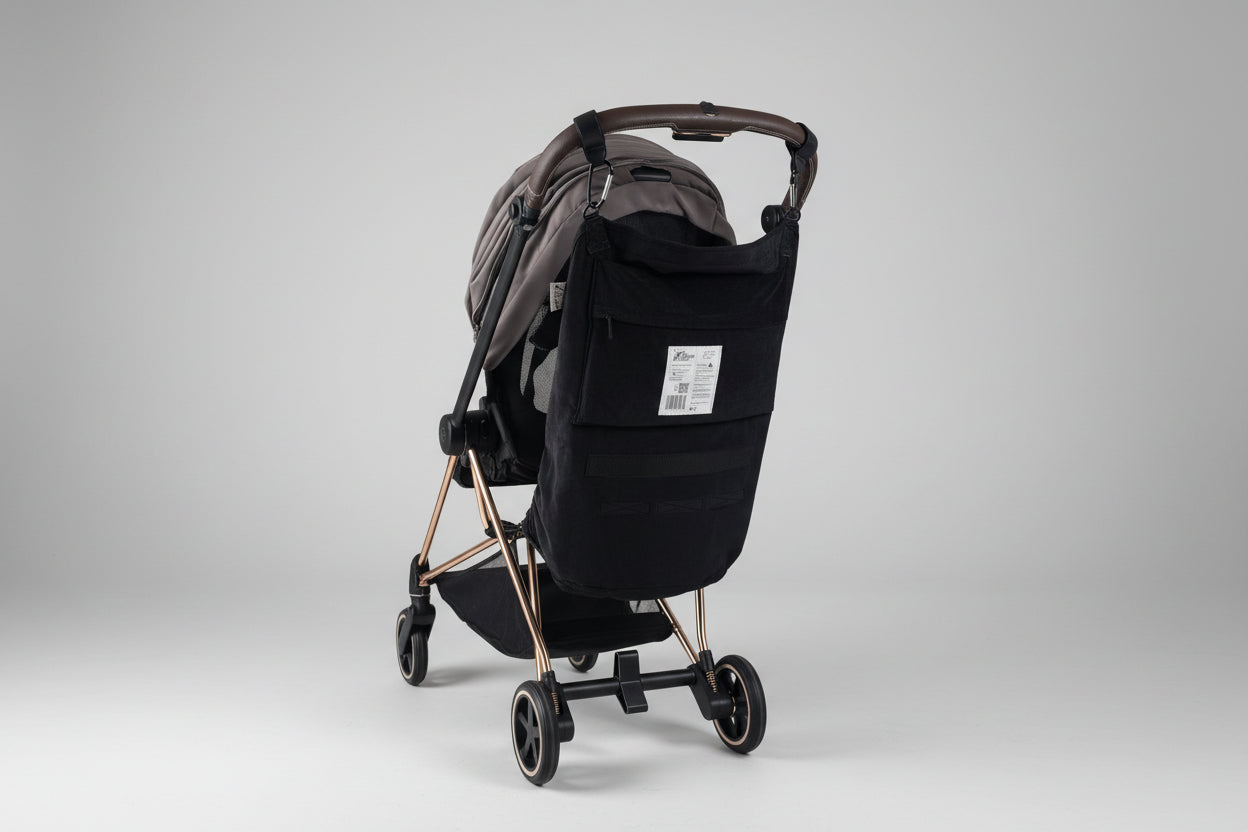 The Stroller Sling Hammock - Black Fox in Velvet attached to cybex stroller