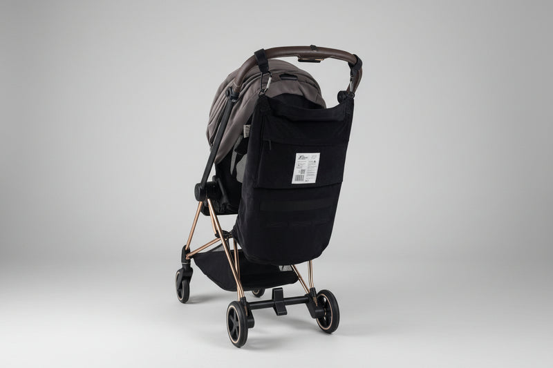 The Stroller Sling Hammock - Black Fox in Velvet attached to cybex stroller