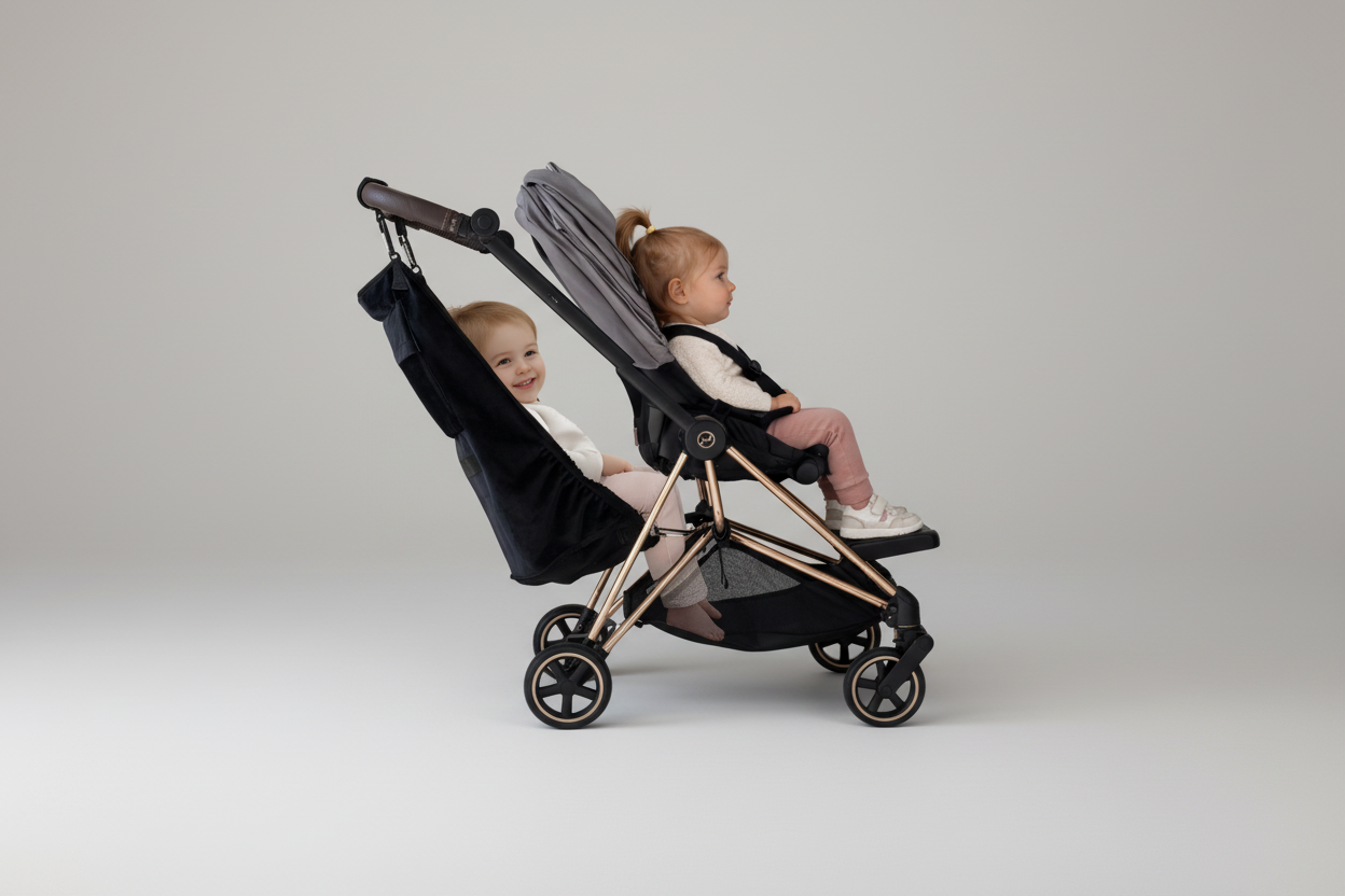 Two Toddlers in The Stroller Sling Hammock which turns a single stroller into a double. Stroller featured is Cybex Mios