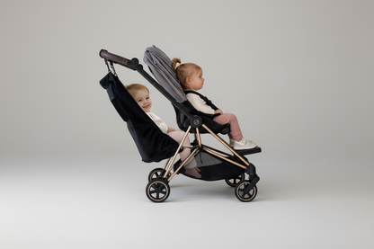 Two Toddlers in The Stroller Sling Hammock which turns a single stroller into a double. Stroller featured is Cybex Mios
