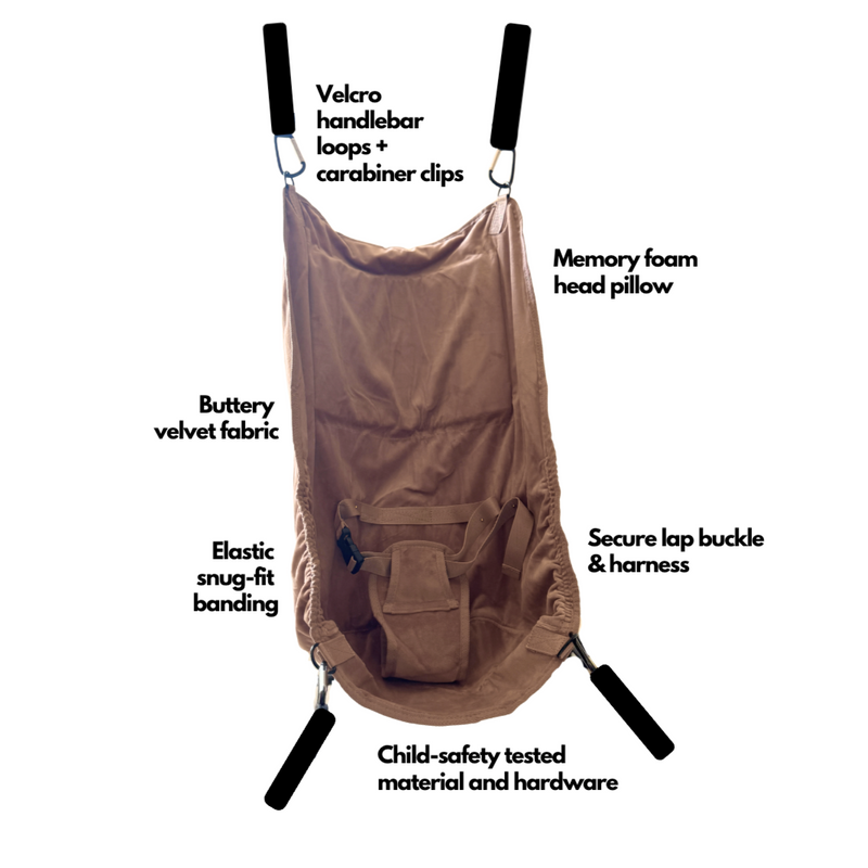 Diagram of a stroller sling with labeled components on a white background
