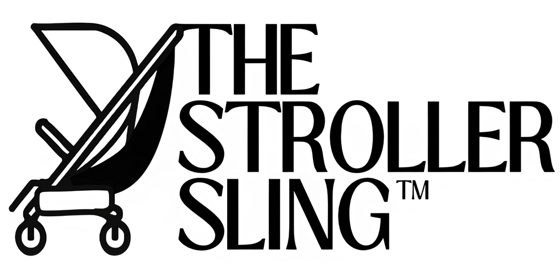 Logo of 'The Stroller Sling' with a silhouette of a stroller with a toddler hammock attached.