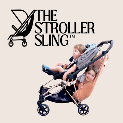 Toddlers using a stroller sling hammock with 'The Stroller Sling' logo above.