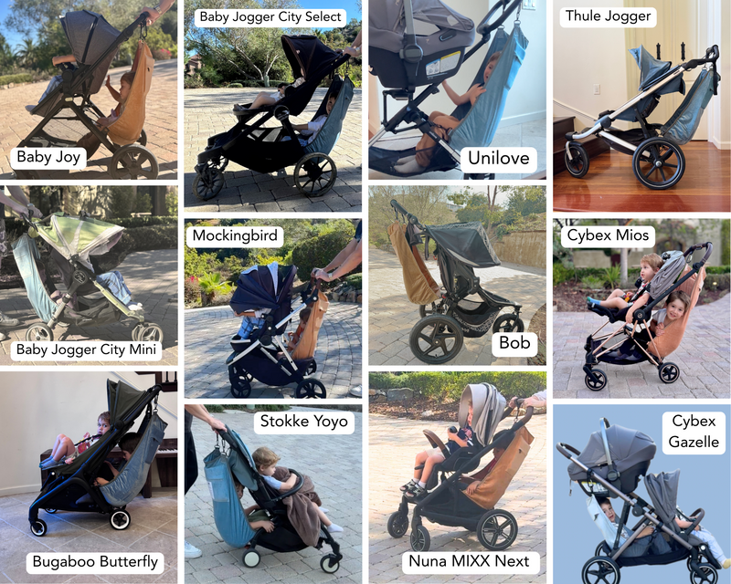 Grid of images showcasing various strollers using The Stroller Sling with brand names labeled.