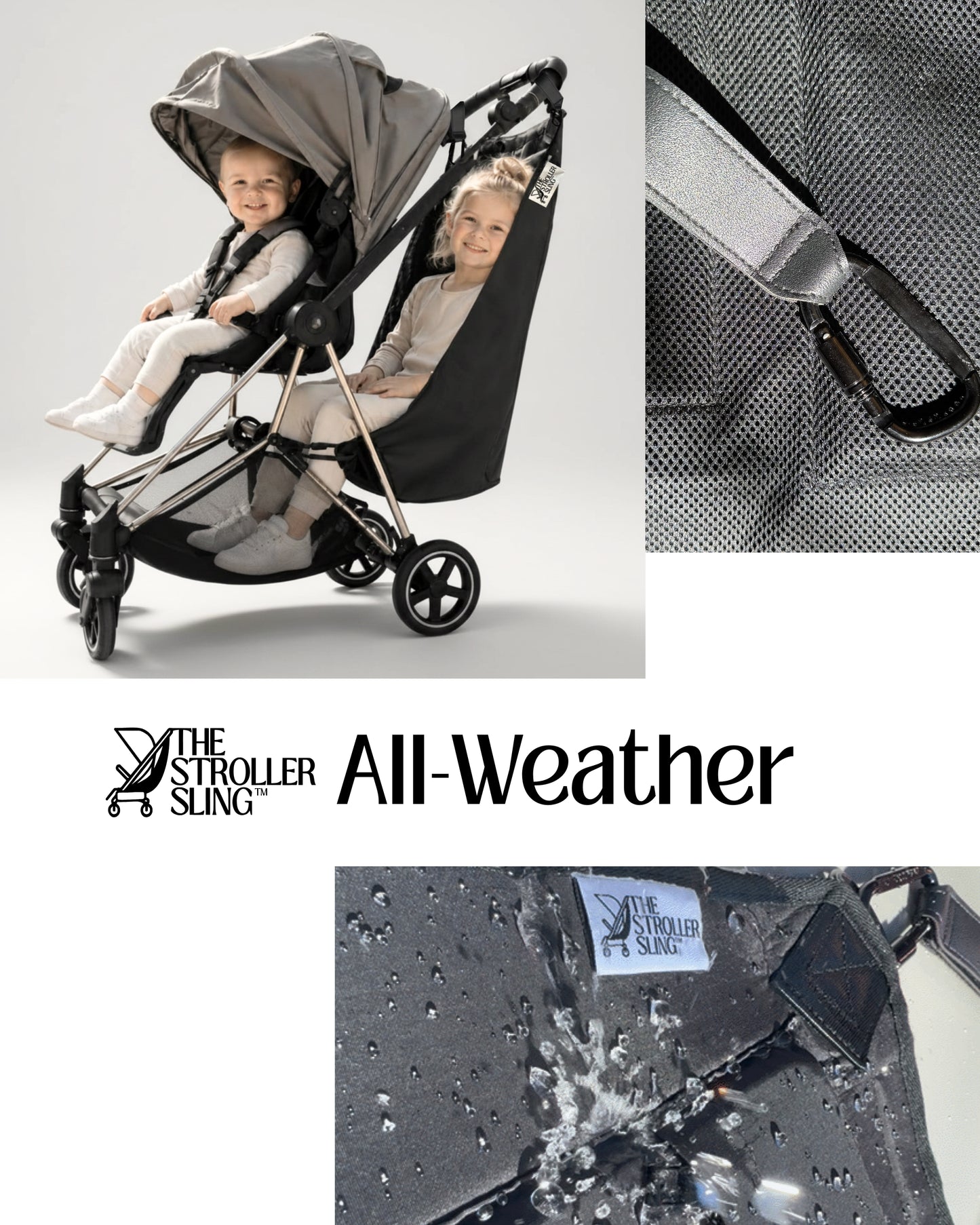 The Stroller Sling All-Weather Edition stroller hammock seat with breathable mesh and waterproof nylon for toddlers ages 1 to 5