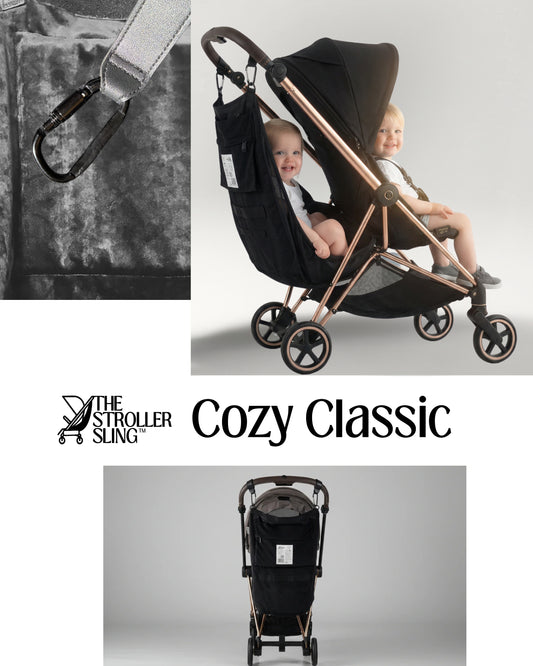 The Stroller Sling Cozy Classic stroller hammock seat for toddlers with soft velveteen fabric, memory foam pillow, and carabiner clip attachment