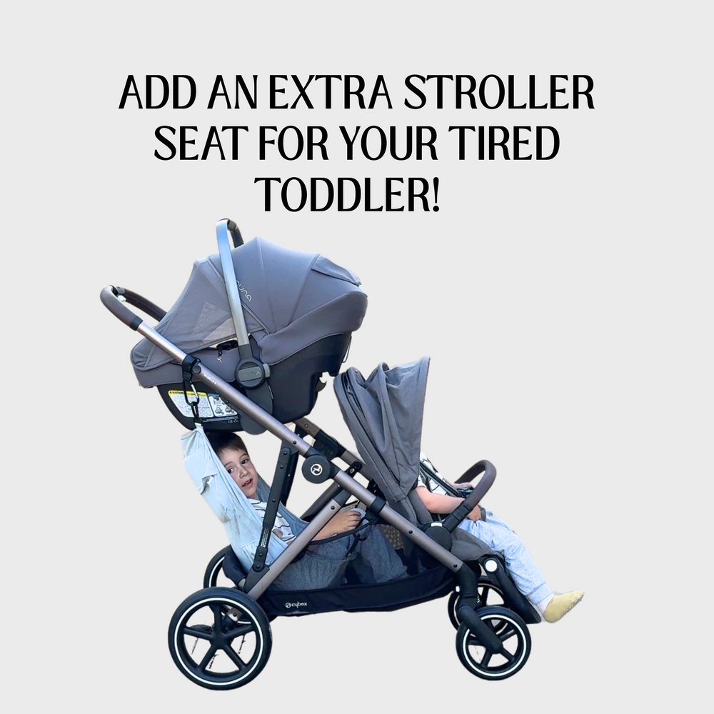 Triple stroller with two children  seen inside and an infant carseat on a light gray background, promotional text overlay says add an extra stroller seat for your tired toddler. older toddler is sitting in the stroller hammock sling seat. 