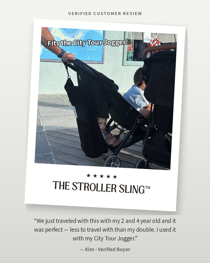 Verified customer review: The Stroller Sling hammock seat on a Baby Jogger City Tour stroller while traveling