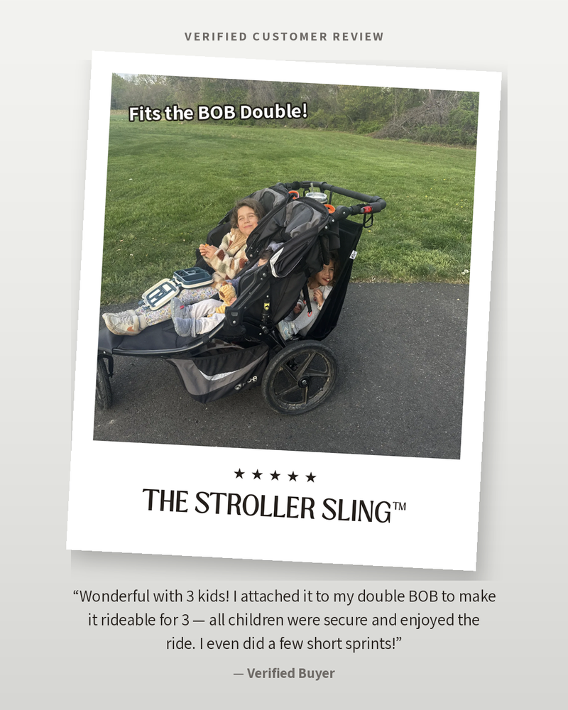 Verified customer review: The Stroller Sling adding a third seat to a BOB double jogging stroller