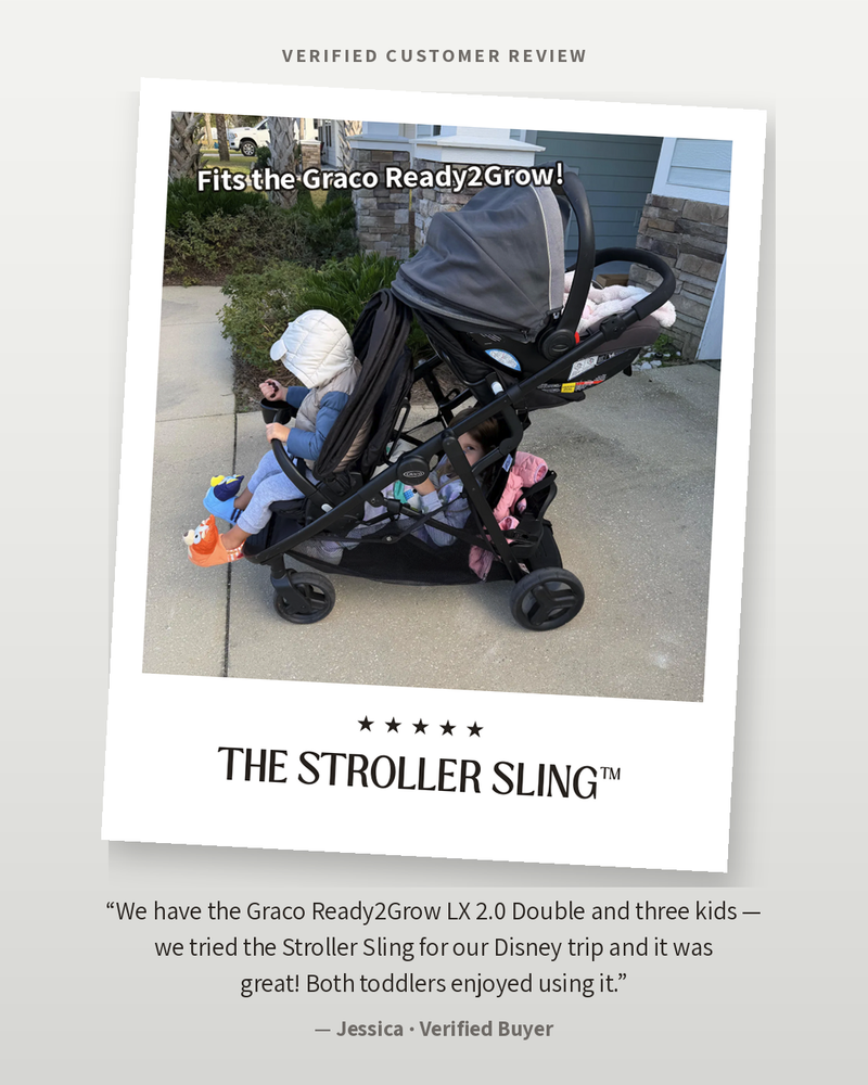 Verified customer review: The Stroller Sling extra seat on a Graco Ready2Grow LX 2.0 double stroller at Disney