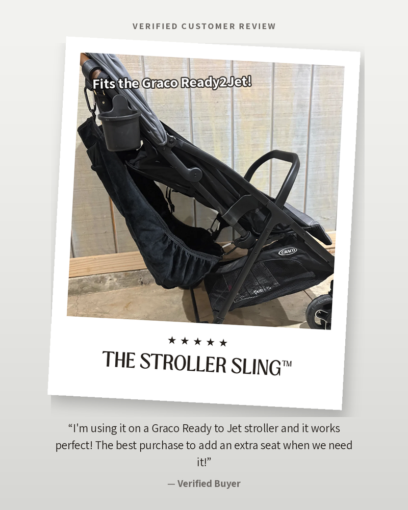 Verified customer review: The Stroller Sling extra toddler seat attached to a Graco Ready2Jet stroller