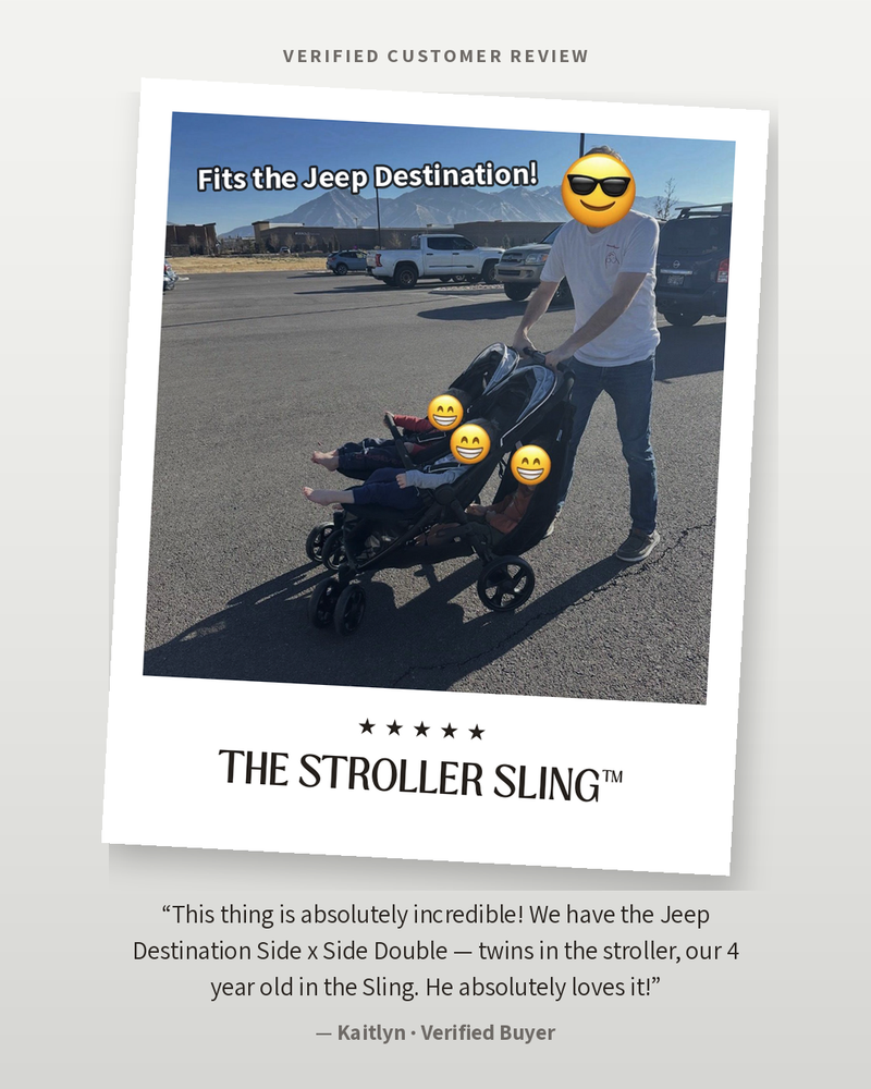 Verified customer review: The Stroller Sling third seat on a Jeep Destination Side x Side double stroller