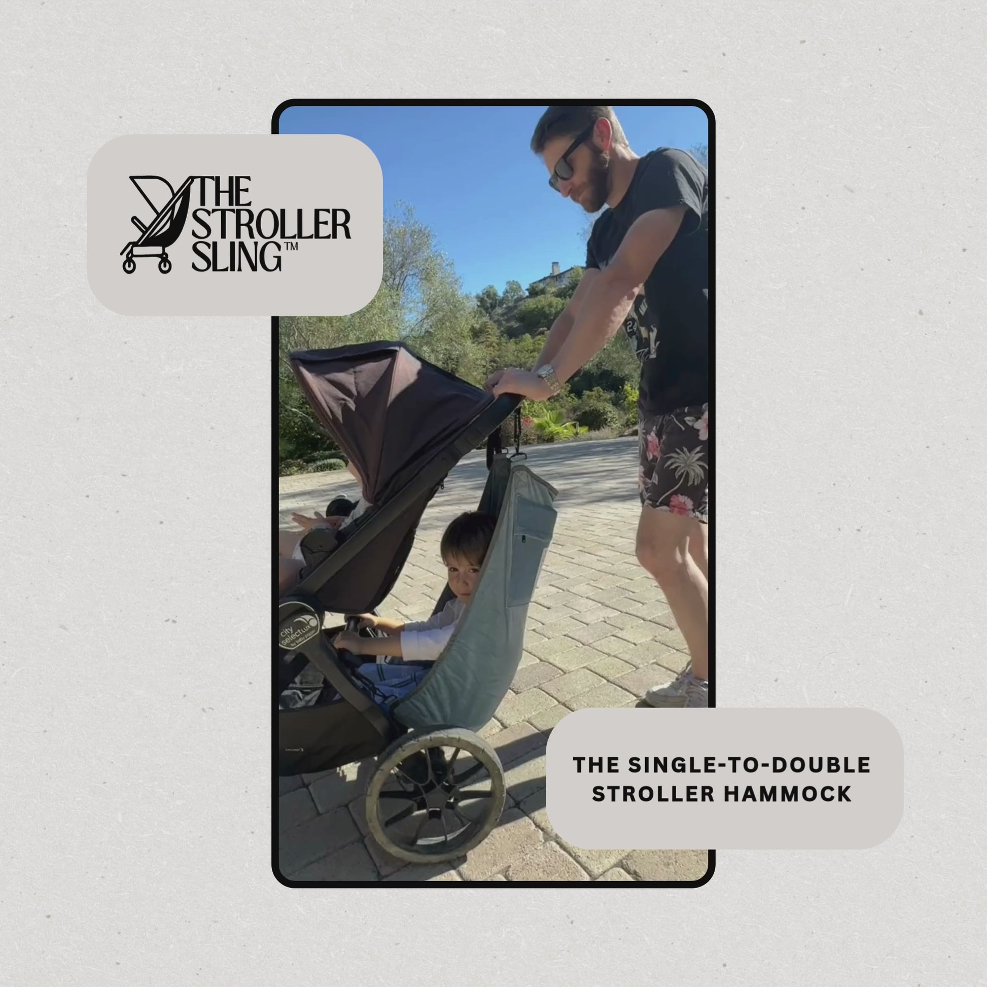 The Stroller Sling Hammock Video featuring two toddlers riding in single strollers, travel strollers, convertible strollers, and jogging strollers. Dad is pushing them and the 3-year old is enjoying relaxing in The Stroller Sling.
