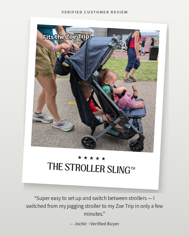 Verified customer review: The Stroller Sling hammock seat attached to a Zoe Trip stroller at a fair