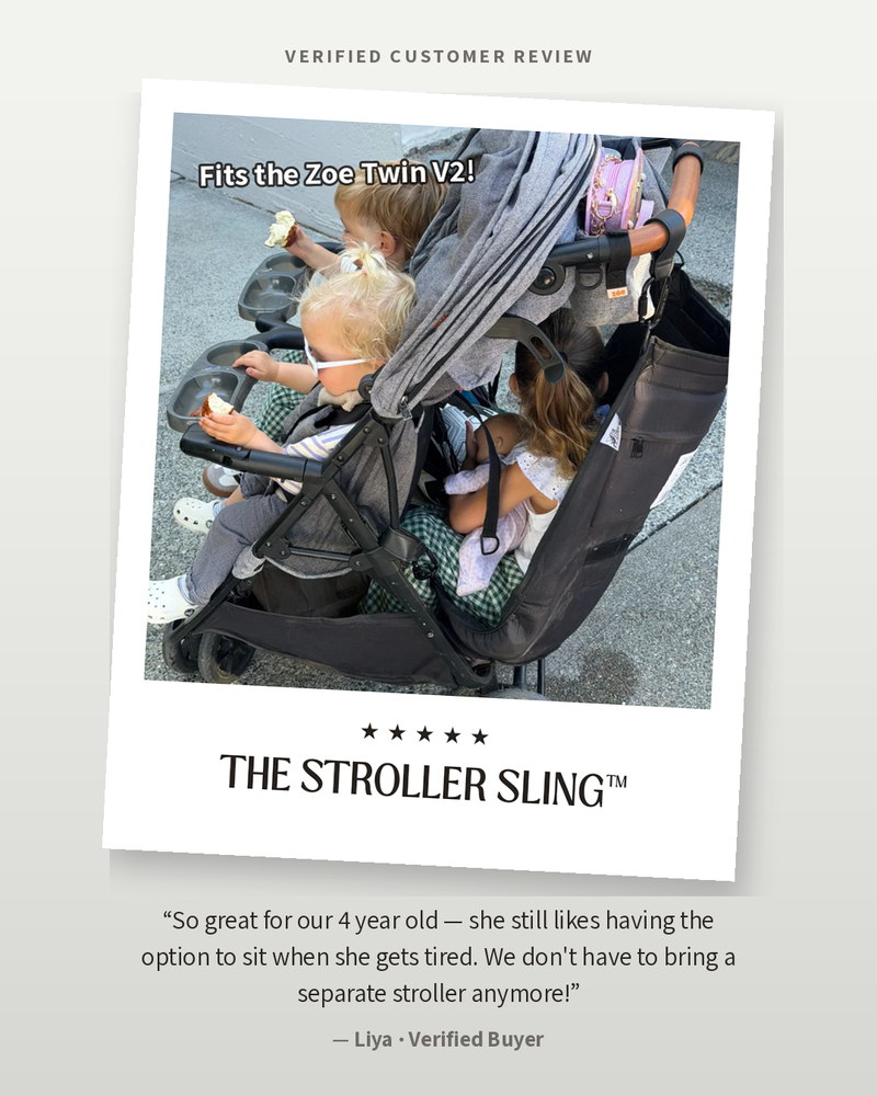 Verified customer review: The Stroller Sling hammock seat on a Zoe Twin V2 double stroller with three kids riding